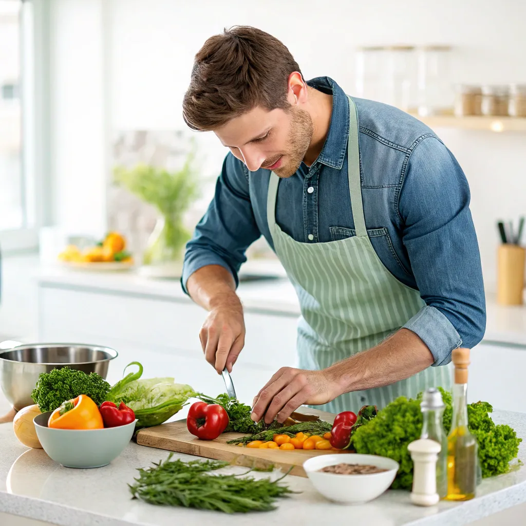 James cooking vegetarian food with fresh ingredients