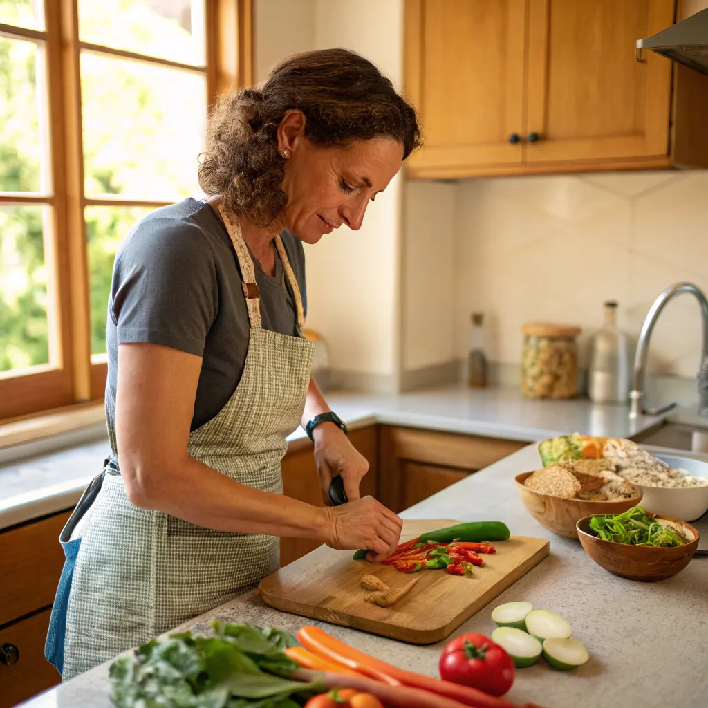 Mary preparing a vegetarian dish in her kitchen